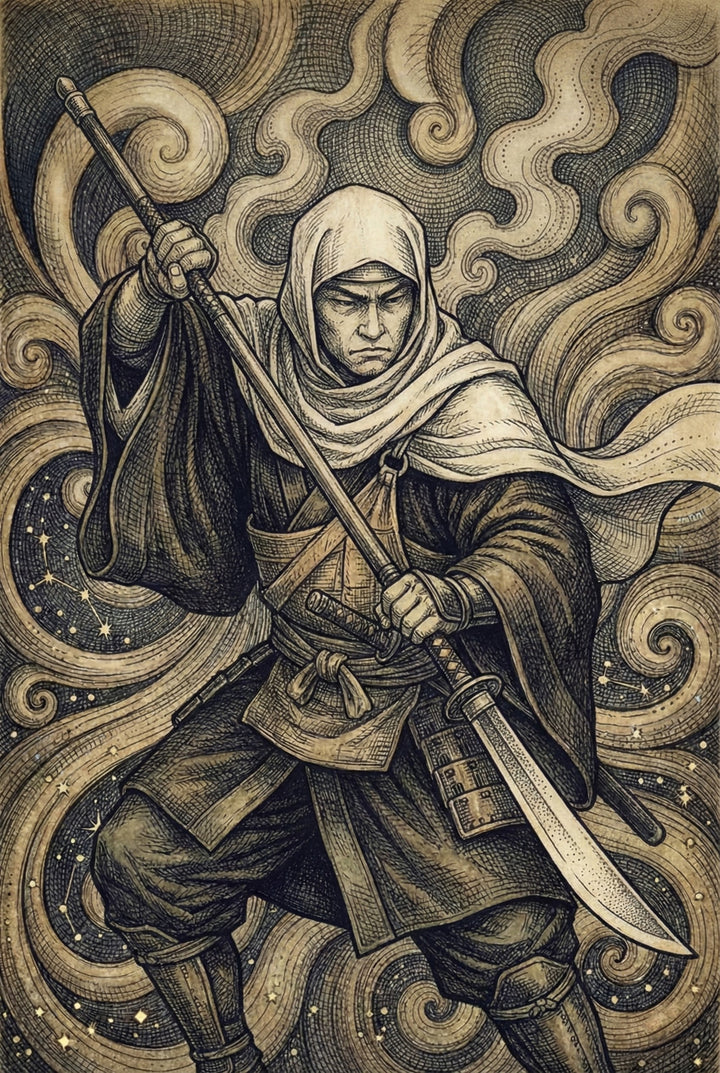 Detailed fantasy illustration of a hooded warrior in traditional armor holding a long pole weapon with a sword sheathed at his side. The background features swirling celestial patterns with constellations and stars, giving the image a mystical and powerful atmosphere.