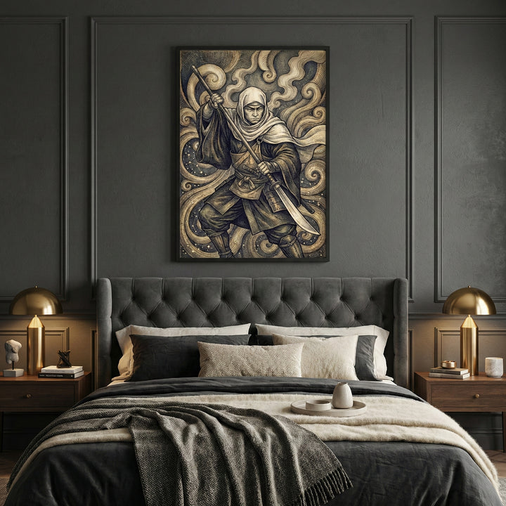 Elegant bedroom with dark, moody walls and a tufted grey headboard, featuring a striking framed artwork above the bed. The artwork depicts a hooded warrior with a sword, surrounded by swirling celestial patterns in sepia tones, adding a dramatic and mystical focal point to the sophisticated space.