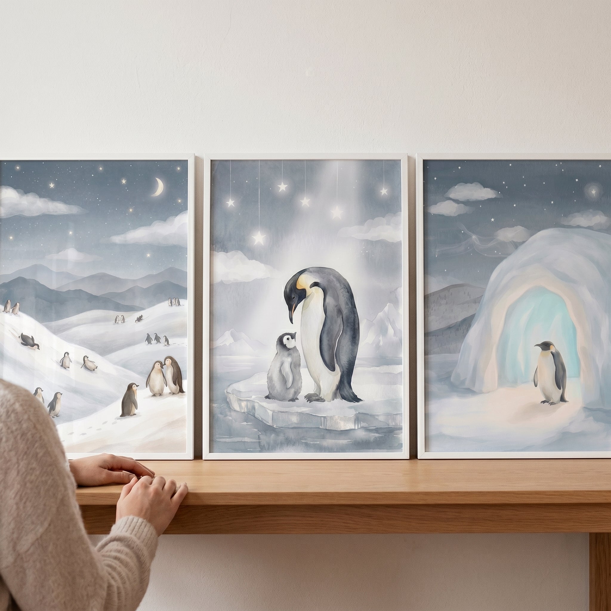 Celestial Indigo Penguin Wall Art Set of 3 - Polar Night Wonders