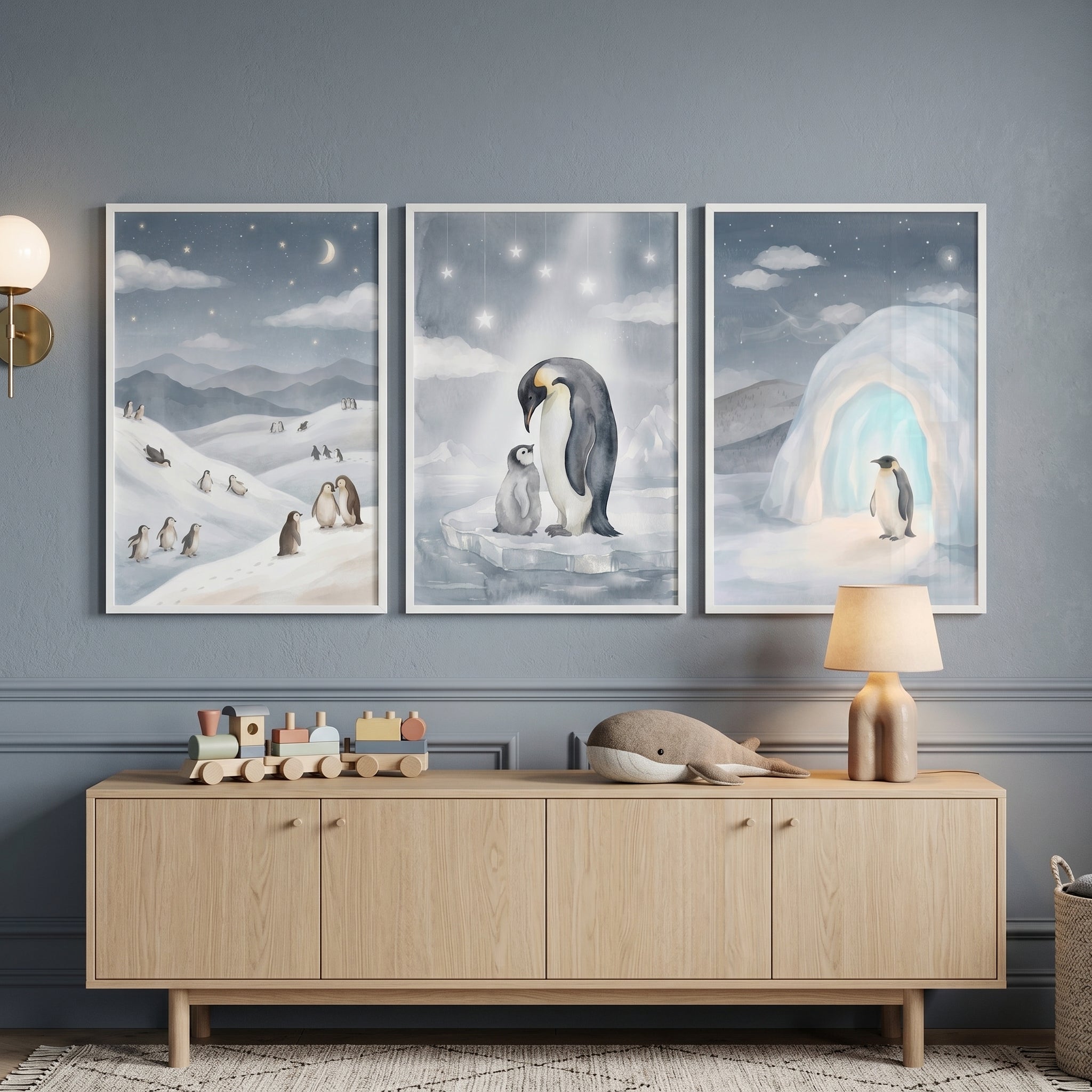 Celestial Indigo Penguin Wall Art Set of 3 - Polar Night Wonders
