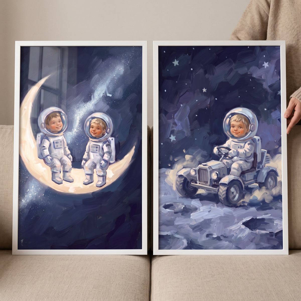 Celestial Midnight Baby Astronaut Wall Art Set of 2 - Lunar Dream Voyage