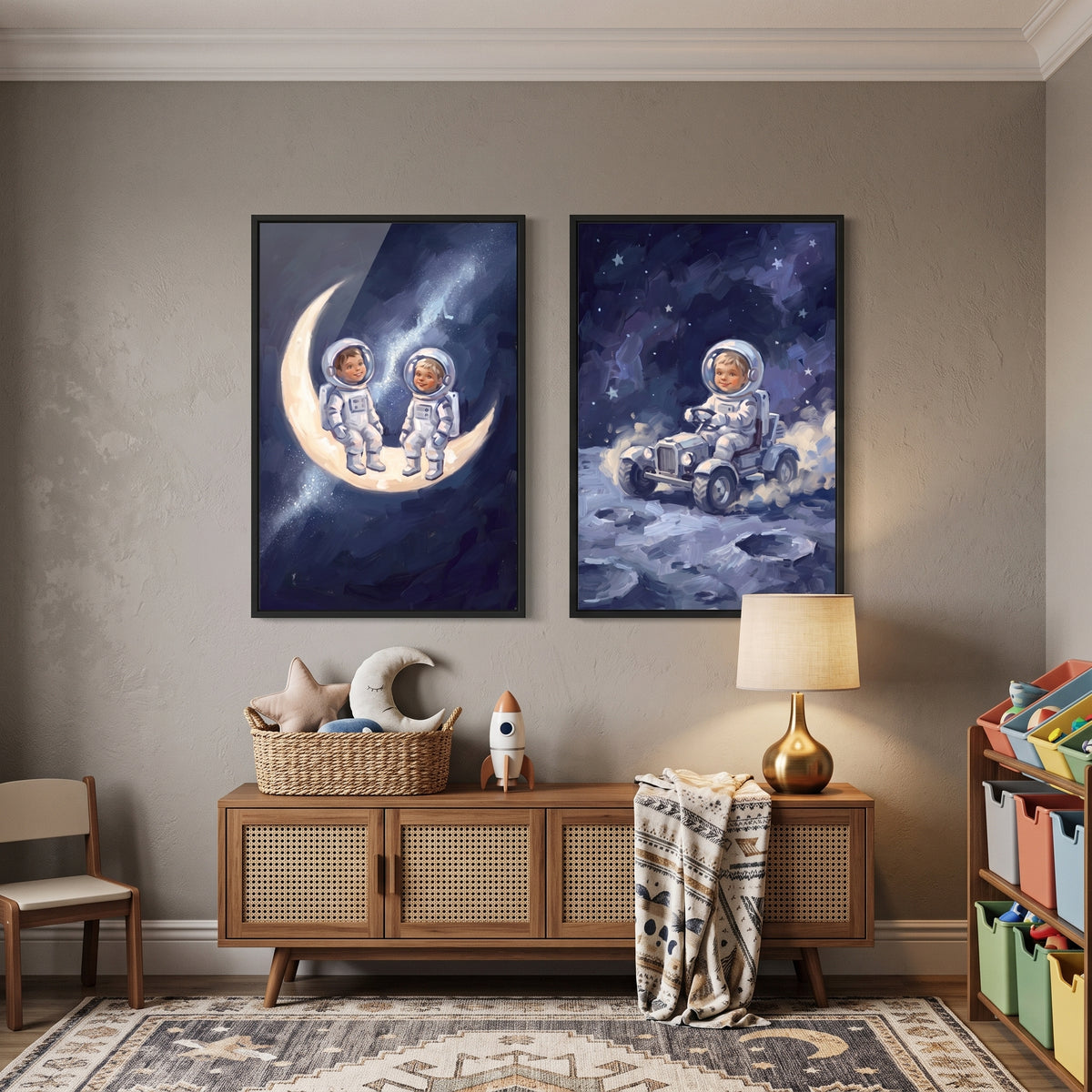 Celestial Midnight Baby Astronaut Wall Art Set of 2 - Lunar Dream Voyage