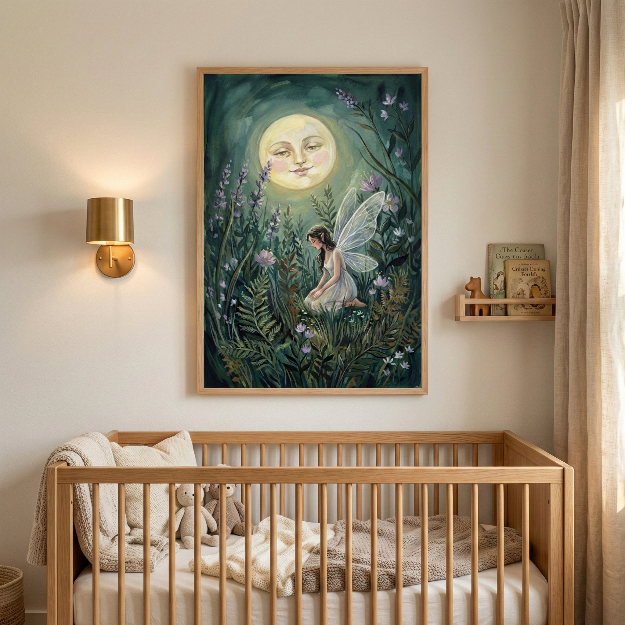 A framed whimsical illustration hangs on a light-colored wall above a wooden baby crib in a nursery. The artwork depicts a small sprite with translucent wings sitting amidst tall grasses and purple flowers, illuminated by a large, smiling full moon in a dark night sky. To the left of the frame, a gold-colored wall sconce provides soft light. To the right, a small wooden floating shelf holds a few books. The crib below is made of light wood and contains a beige blanket and two small plush animal toys.