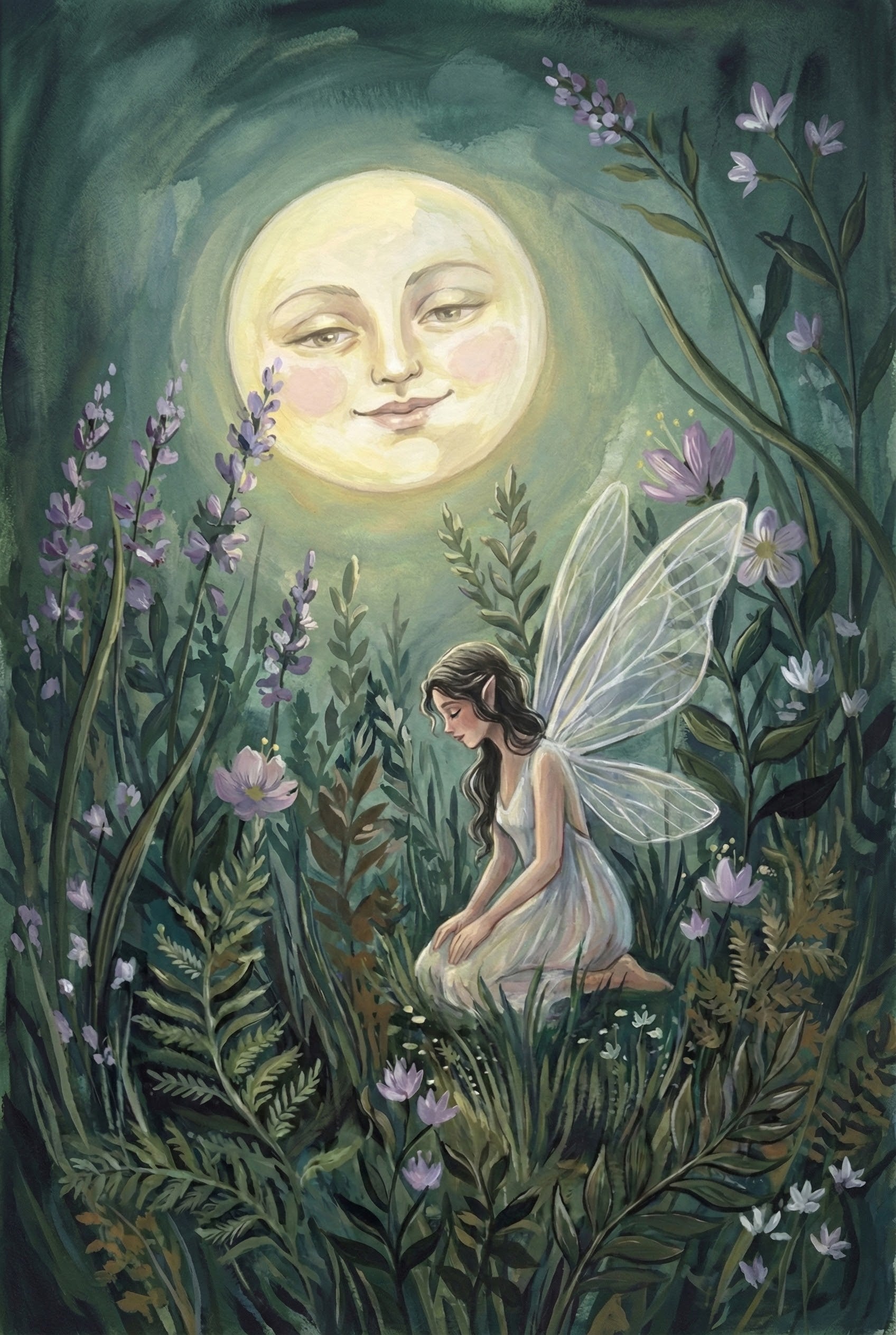A delicate fairy kneels in a moonlit meadow surrounded by tall wildflowers and ferns, while a glowing full moon with a gentle, smiling face watches over her from above.