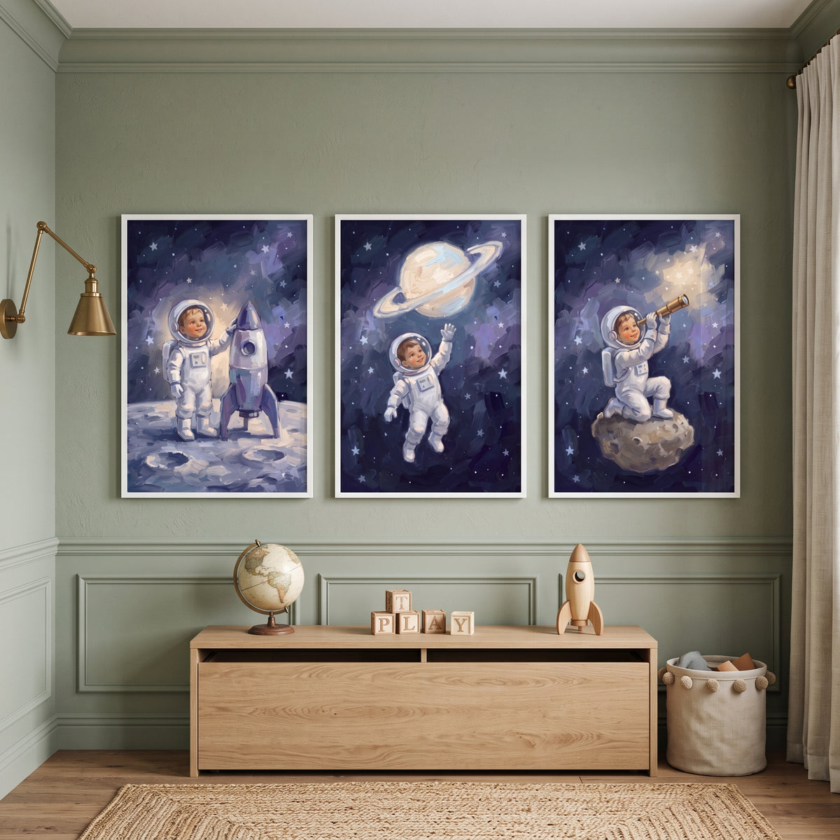 Celestial Navy Baby Astronaut Wall Art Set of 3 - Infinite Cosmic Journey
