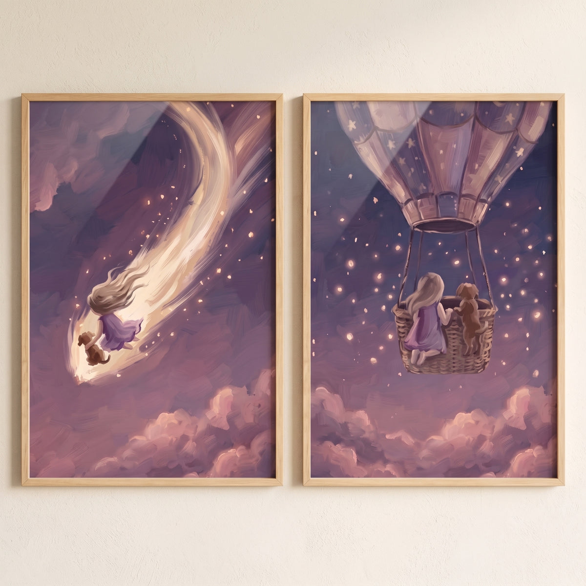 Celestial night girl dog wall art set of 2 featuring a girl and her puppy on a shooting star and in a hot air balloon.
