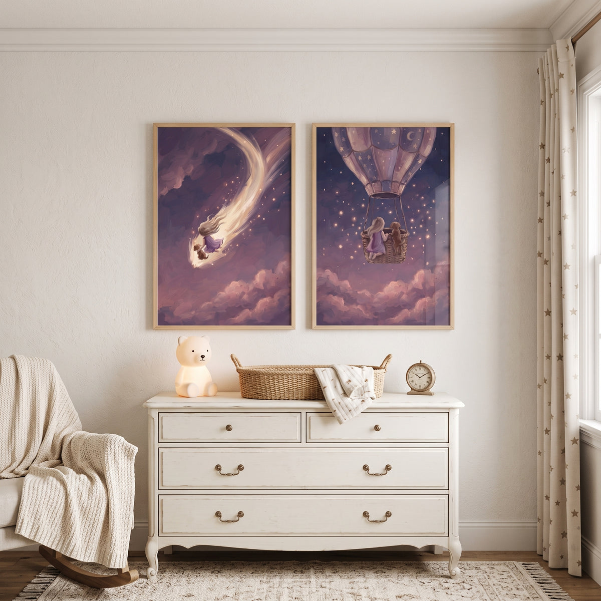 Celestial Night Girl Dog Wall Art Set of 2 - Stardust Night Voyage