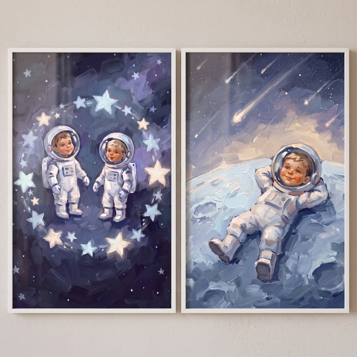 Celestial oil baby astronaut wall art set of 2 shows toddlers in spacesuits floating by stars and resting on the moon.