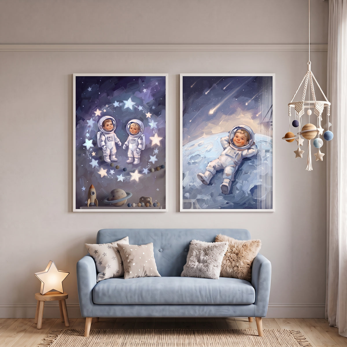 Celestial Oil Baby Astronaut Wall Art Set of 2 - Tiny Galactic Voyagers