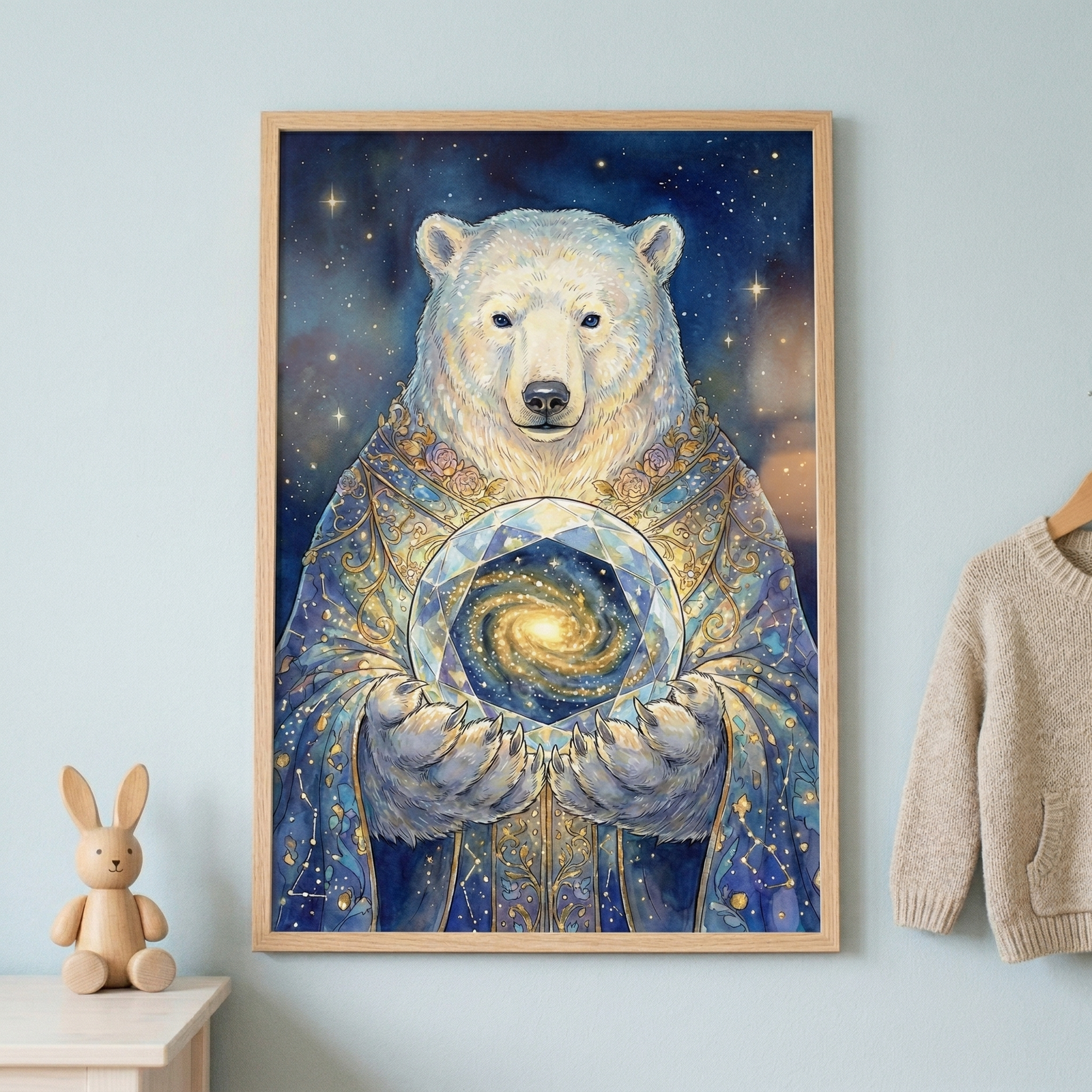 A vertical artwork framed in light-colored wood hangs on a soft blue wall. The central figure is a serene polar bear with white fur, depicted from the chest up. The bear is wearing ornate, layered robes in shades of blue and gold, embellished with shimmering stars and pink floral patterns. It holds a large, translucent, multi-faceted crystal in its paws. Inside the crystal, a glowing yellow and white spiral galaxy is visible against a dark cosmic background. 