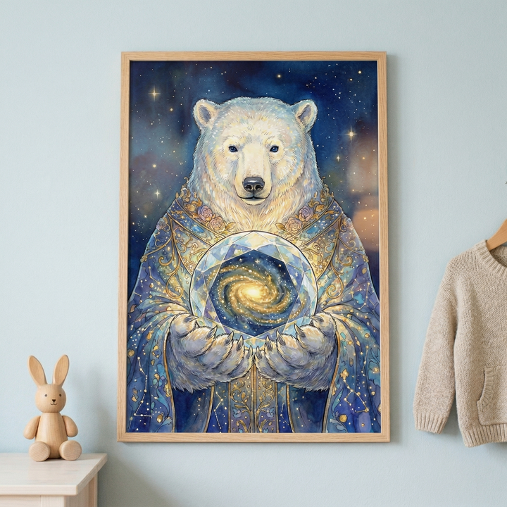 A vertical artwork framed in light-colored wood hangs on a soft blue wall. The central figure is a serene polar bear with white fur, depicted from the chest up. The bear is wearing ornate, layered robes in shades of blue and gold, embellished with shimmering stars and pink floral patterns. It holds a large, translucent, multi-faceted crystal in its paws. Inside the crystal, a glowing yellow and white spiral galaxy is visible against a dark cosmic background. 