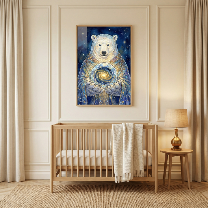 A nursery interior features a light wood crib centered against a wall with decorative molding. A white textured blanket hangs over the crib rail. Above the crib, a large framed artwork depicts a white bear wearing intricate blue and gold celestial-themed robes. The bear holds a glowing orb containing a spiral galaxy against a starry night background. To the right, a small wooden table holds a warm lamp. Neutral-toned curtains and a woven rug complete the serene and elegant room.