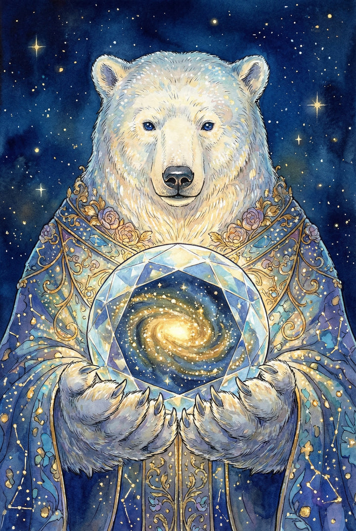 Fantasy wall art print of a white polar bear in an ornate blue and gold celestial robe holding a faceted crystal orb with a glowing spiral galaxy inside. Deep navy sky filled with stars behind the bear gives the scene a magical cosmic storybook feel.
