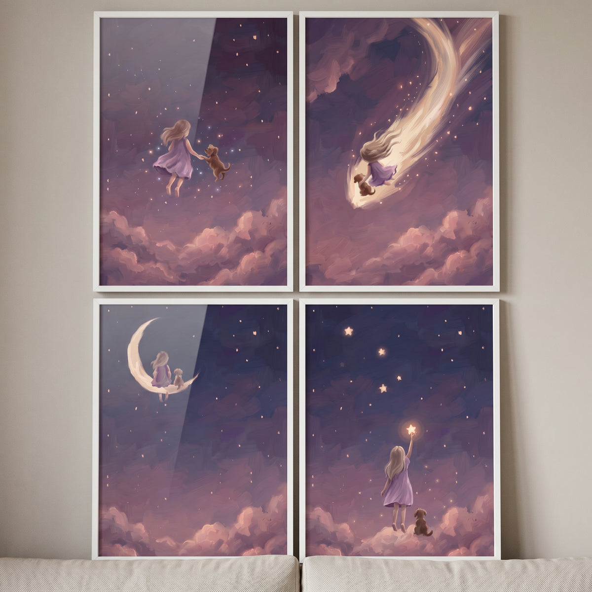 Celestial purple girl dog wall art set of 4 featuring a child and pet with a moon, stars, and comet in a purple sky.