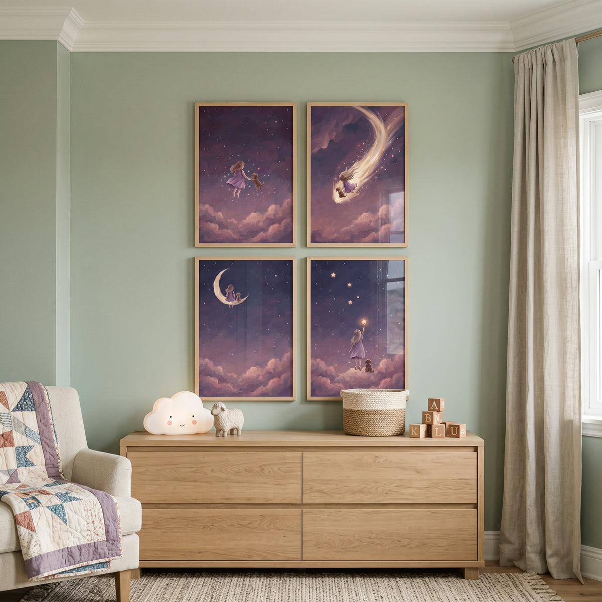 Celestial Purple Girl Dog Wall Art Set of 4 - Starlight Best Friends