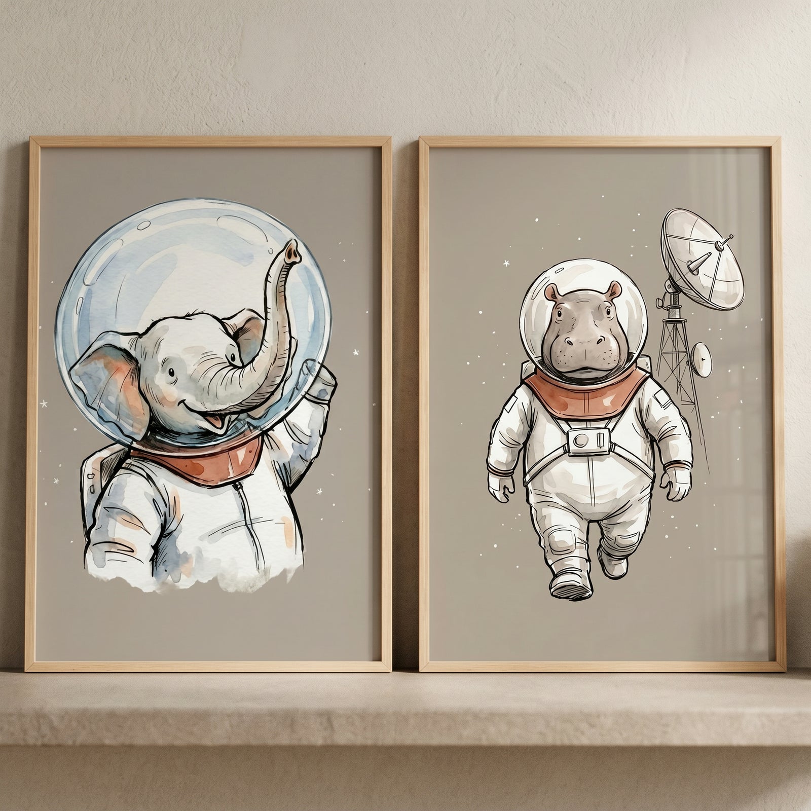 Celestial safari astronaut animal wall art set of 2 featuring an elephant and a hippo in white space suits and helmets.