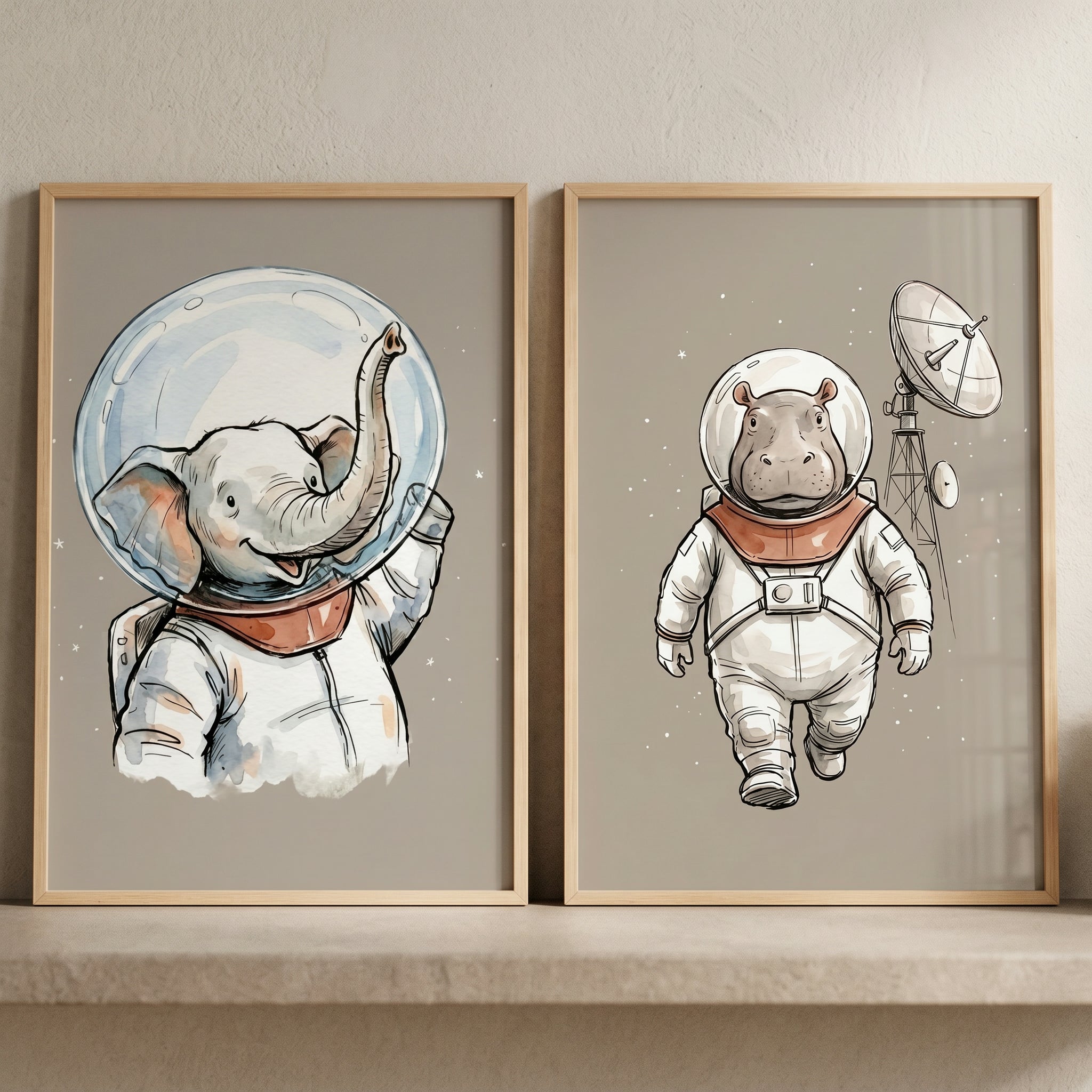 Celestial Safari Astronaut Animal Wall Art Set of 2 - Galactic Safari Friends