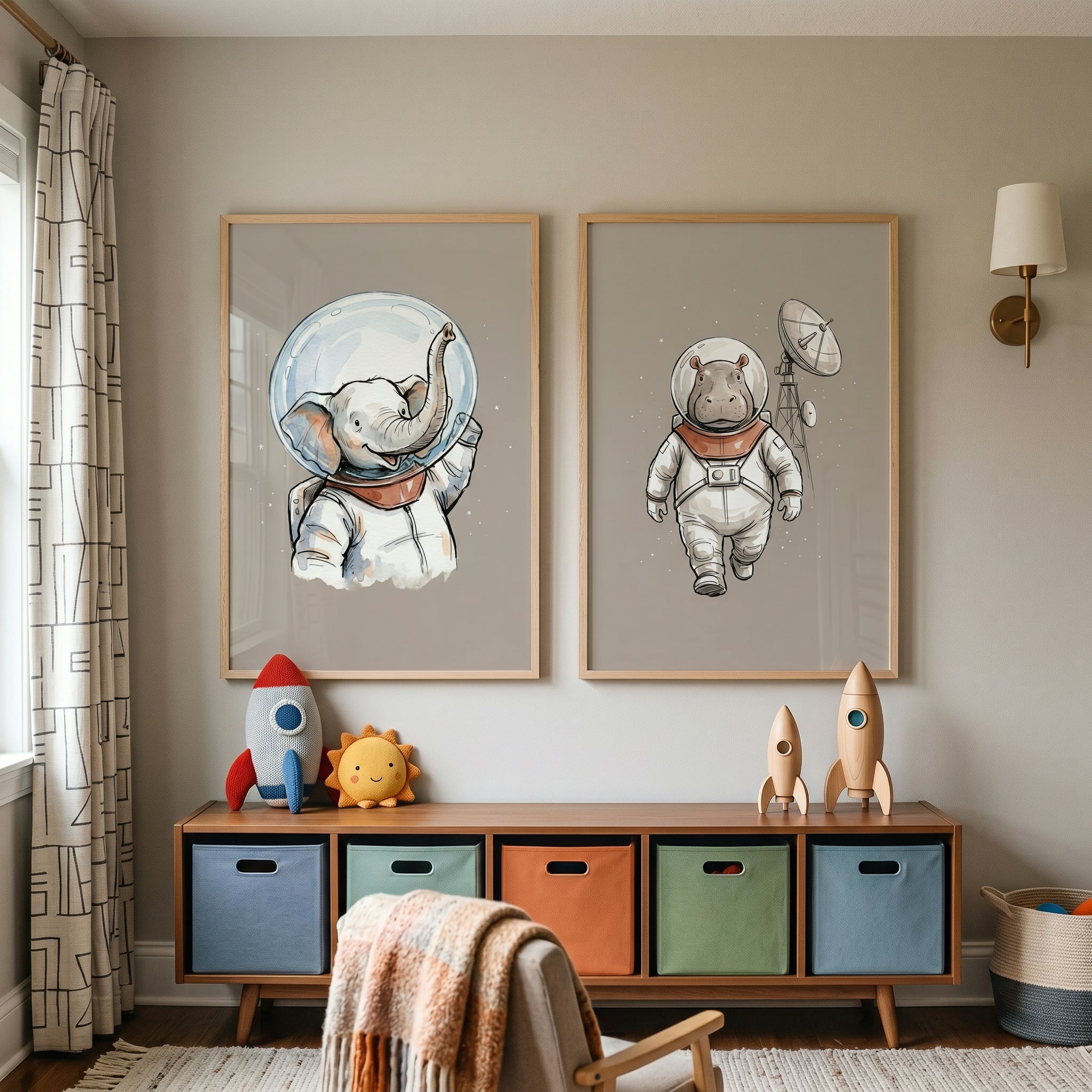 Celestial Safari Astronaut Animal Wall Art Set of 2 - Galactic Safari Friends