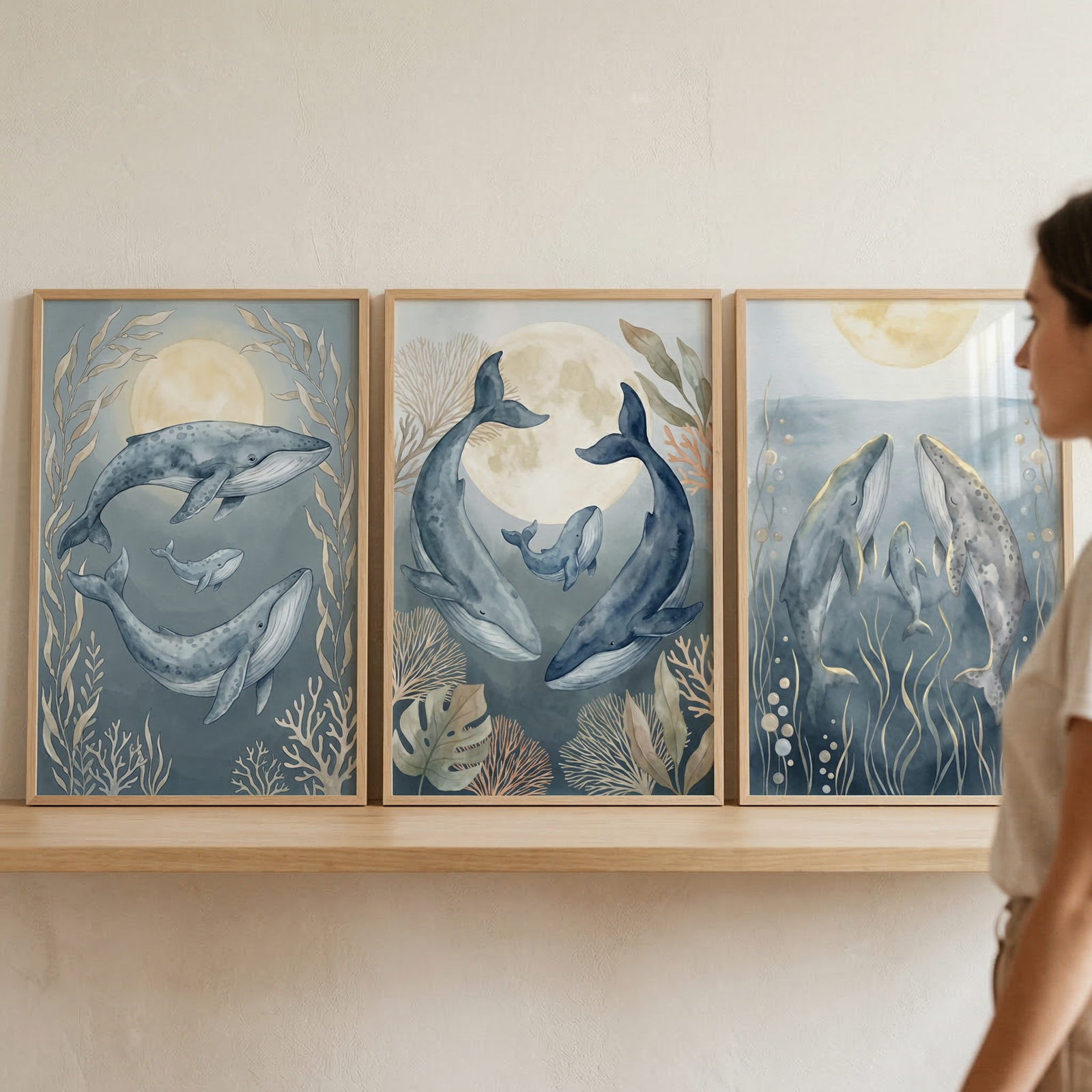 Three framed vertical artworks are displayed on a light wooden shelf against a neutral wall. Each illustration features a whale family in a soft, watercolor style using muted blues, greys, and yellows. The scenes include large whales and calves swimming among sea plants, corals, and glowing celestial bodies. A woman is partially visible in profile on the right side, looking at the collection. The frames are made of light-toned wood, complementing the minimalist aesthetic of the room.