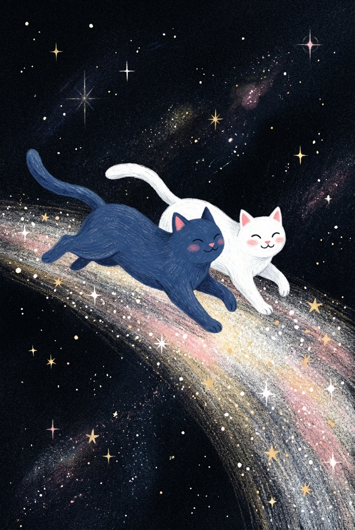 Illustration of a blue cat and a white cat running together along a bright shooting star. Golden sparkles trail behind them against a deep starry night sky.
