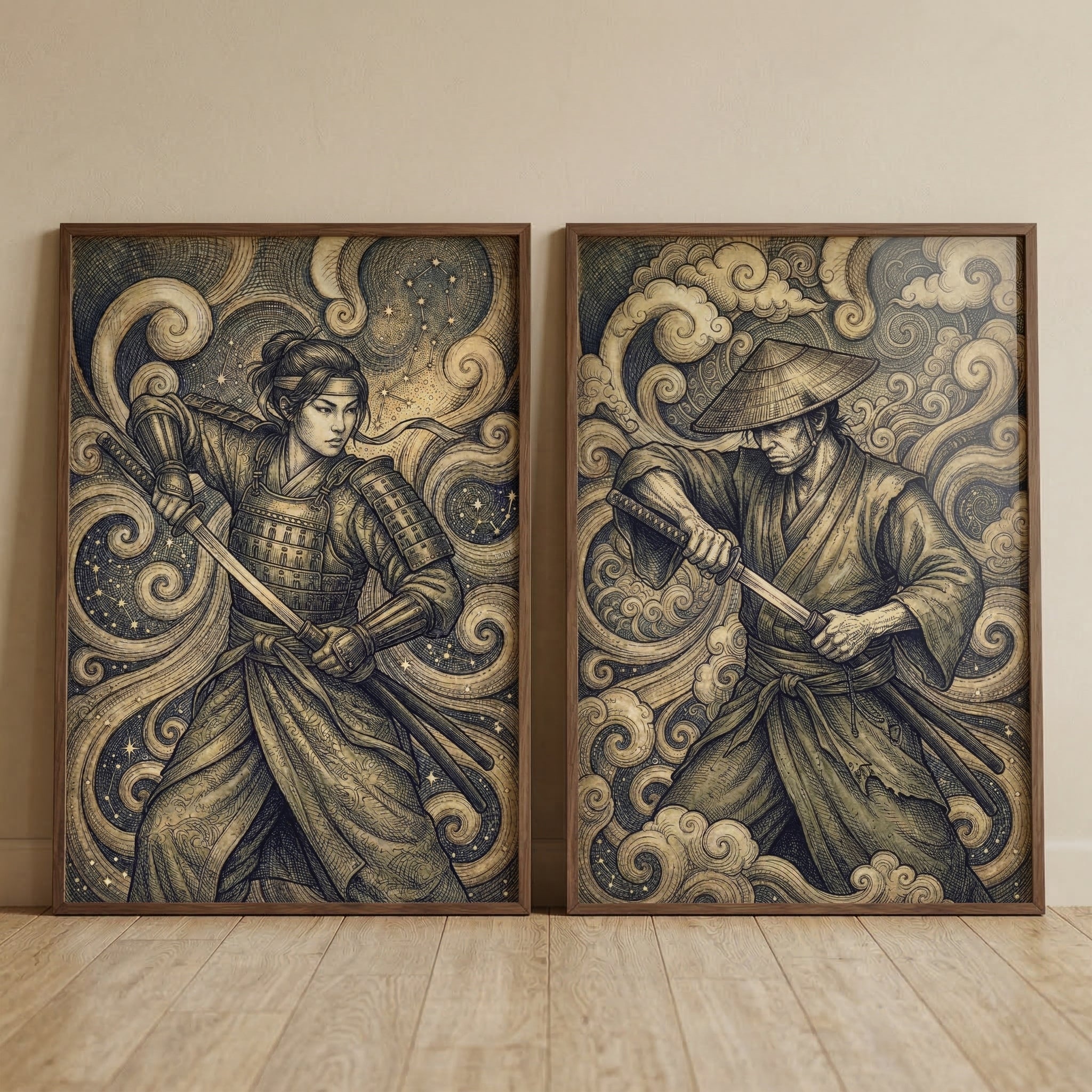 Japanese Warriors Artwork Set of 2 - Celestial Blade Honor