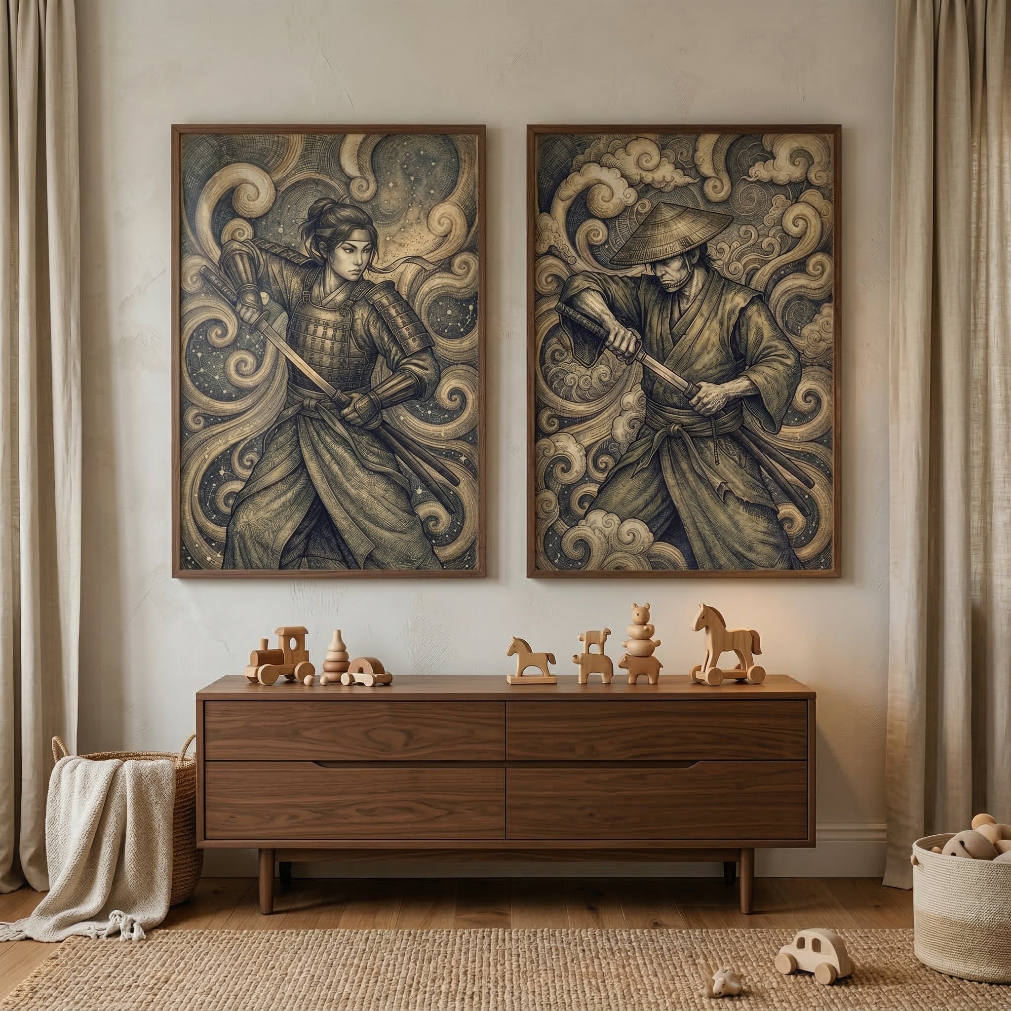 Japanese Warriors Artwork Set of 2 - Celestial Blade Honor
