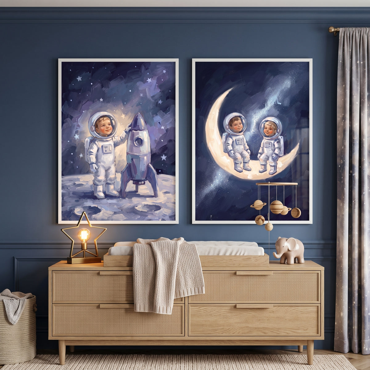 Celestial Theme Baby Astronaut Wall Art Set of 2 - Tiny Space Explorers