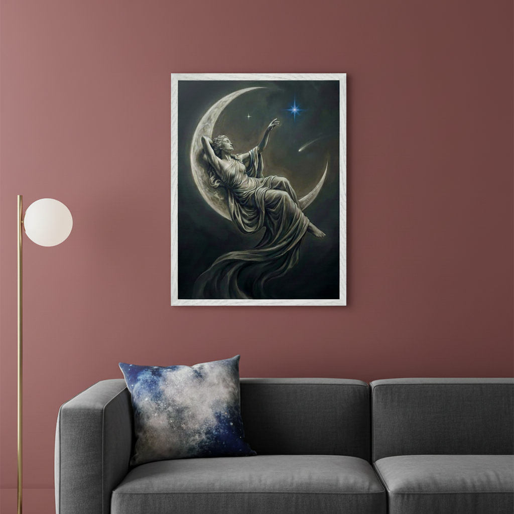 Modern living room with a gray sofa. A framed painting of a classical female figure reclining on a crescent moon, reaching for a star, is centered above the sofa on a maroon wall.