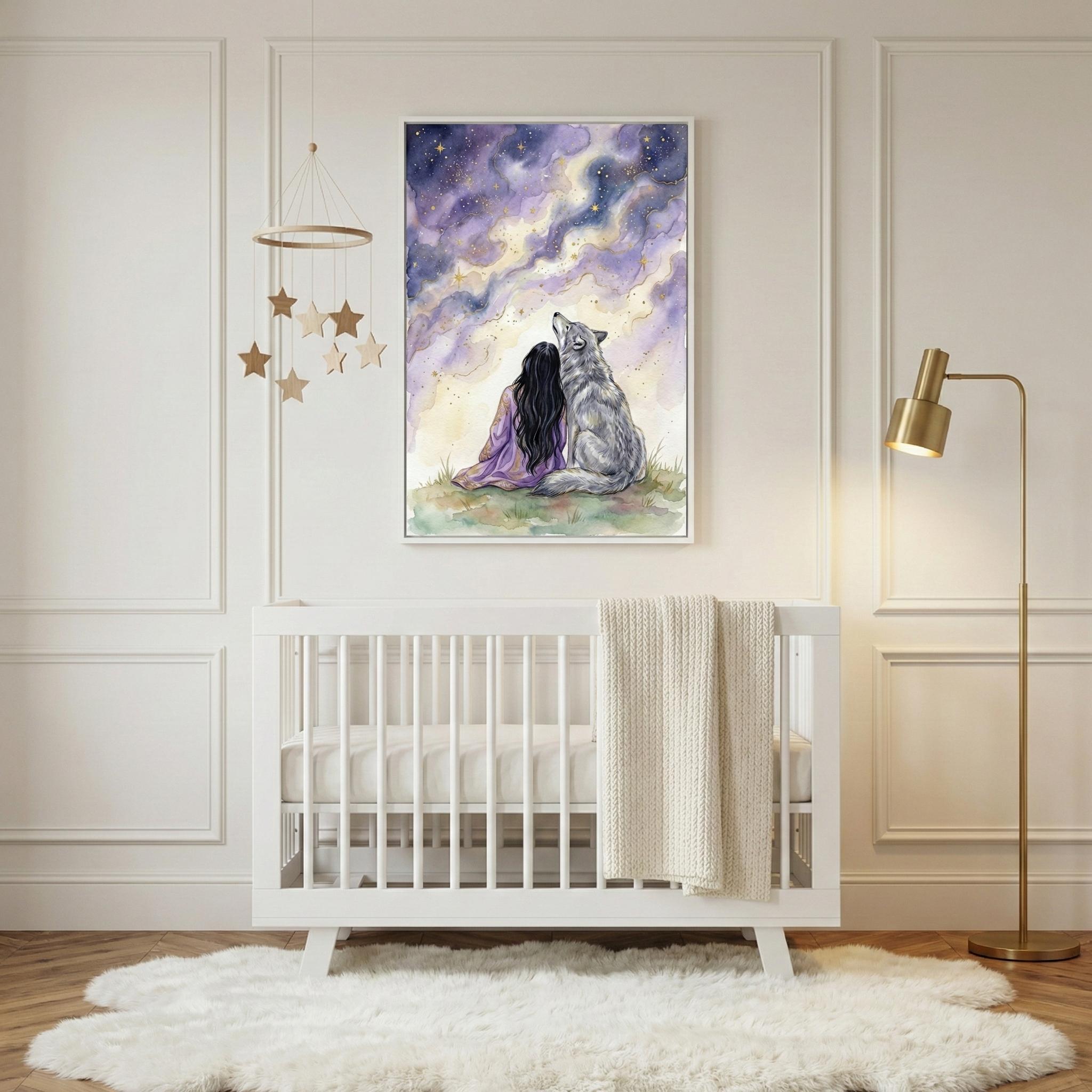 A serene nursery features a white wooden crib set against a wall with decorative molding. Above it hangs a framed watercolor-style illustration of a girl and a gray wolf sitting side-by-side, gazing at a swirling purple and yellow night sky full of stars. To the left, a wooden mobile with stars hangs from the ceiling, while a sleek gold floor lamp stands to the right. A textured white blanket is draped over the crib, and a soft, white faux-fur rug covers the light wood floor.