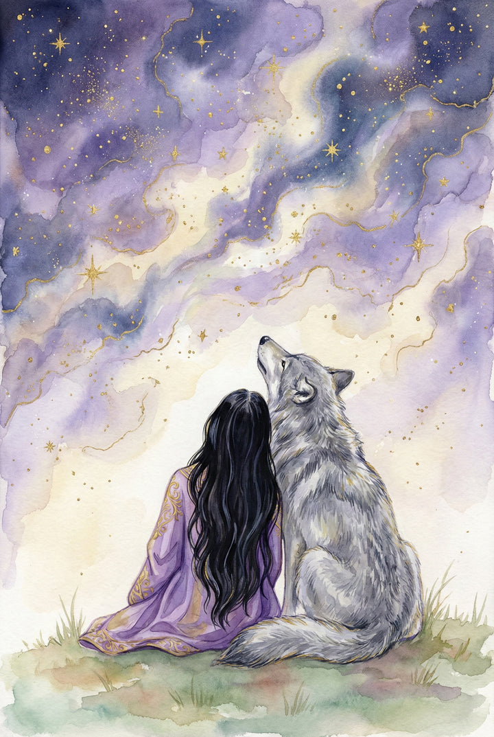 A watercolor style scene of a woman with long, dark hair and an ornate purple robe sitting beside a large gray wolf. Viewed from behind, they gaze up at a vast, mystical sky filled with swirling purple and golden tones. The celestial scene is dotted with bright stars and delicate gold outlines that trace ethereal, cloud-like patterns. They sit together on a gentle grassy hill, rendered in soft washes of green and brown, creating a peaceful and magical atmosphere.