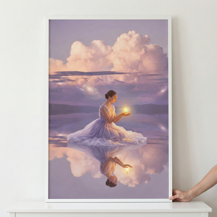 A serene artwork depicts a woman in a flowing lavender dress sitting on a reflective surface. She holds a brilliant, glowing point of light in her hands. The background features a dreamy sky with soft, pink-tinged clouds and faint celestial galaxies against a violet sky. The entire scene is mirrored perfectly in the surface below, creating a symmetrical composition. The piece is shown in a white frame, with a hand touching its edge.