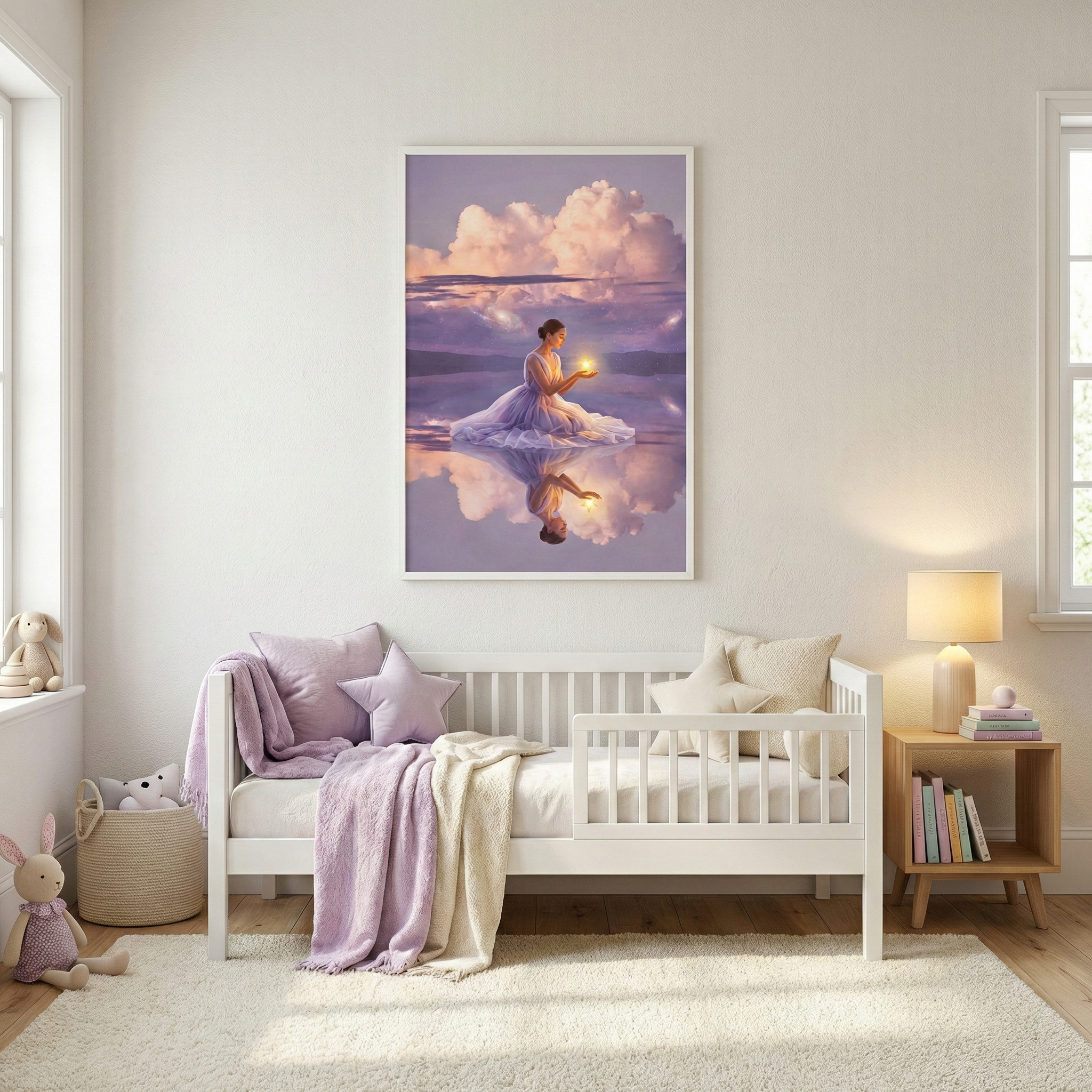 A serene child's room features a white wooden bed with plush purple and cream linens. Above the bed hangs a large framed image of a woman in a lavender gown sitting on reflective water under a sunset sky, cradling a tiny orb of light. To the right, a wooden side table holds a lamp and several books. On the left, a woven basket contains soft toys. The room is filled with gentle natural light, complemented by a cream rug and soft pastel tones, creating a magical atmosphere.