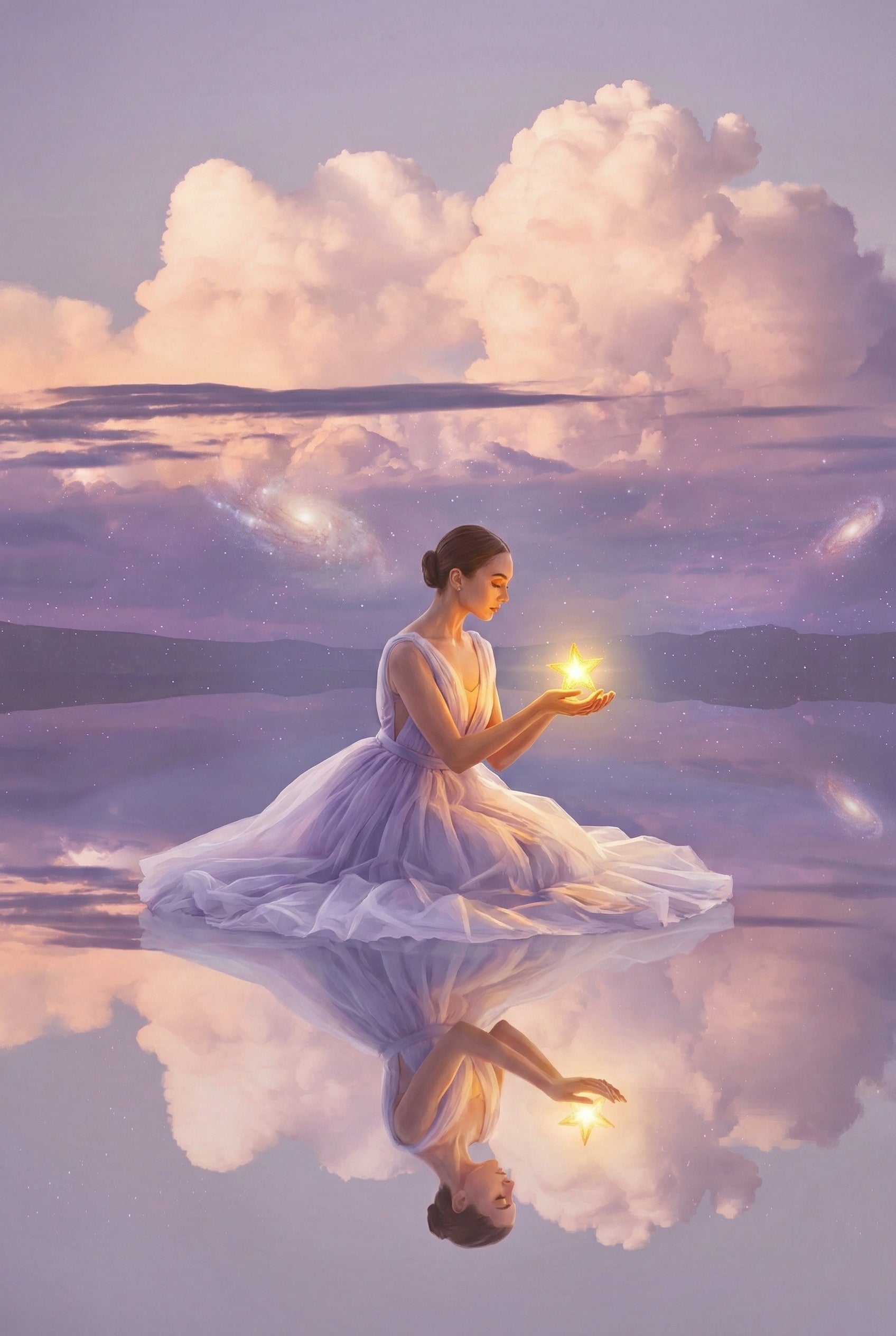 Fantasy style painting of a woman in a pale flowing dress kneeling on a reflective surface while holding a small glowing star in her hands. Galaxies and soft clouds glow in the purple sky behind her and reflect below. The warm light from the star illuminates her face and hands.
