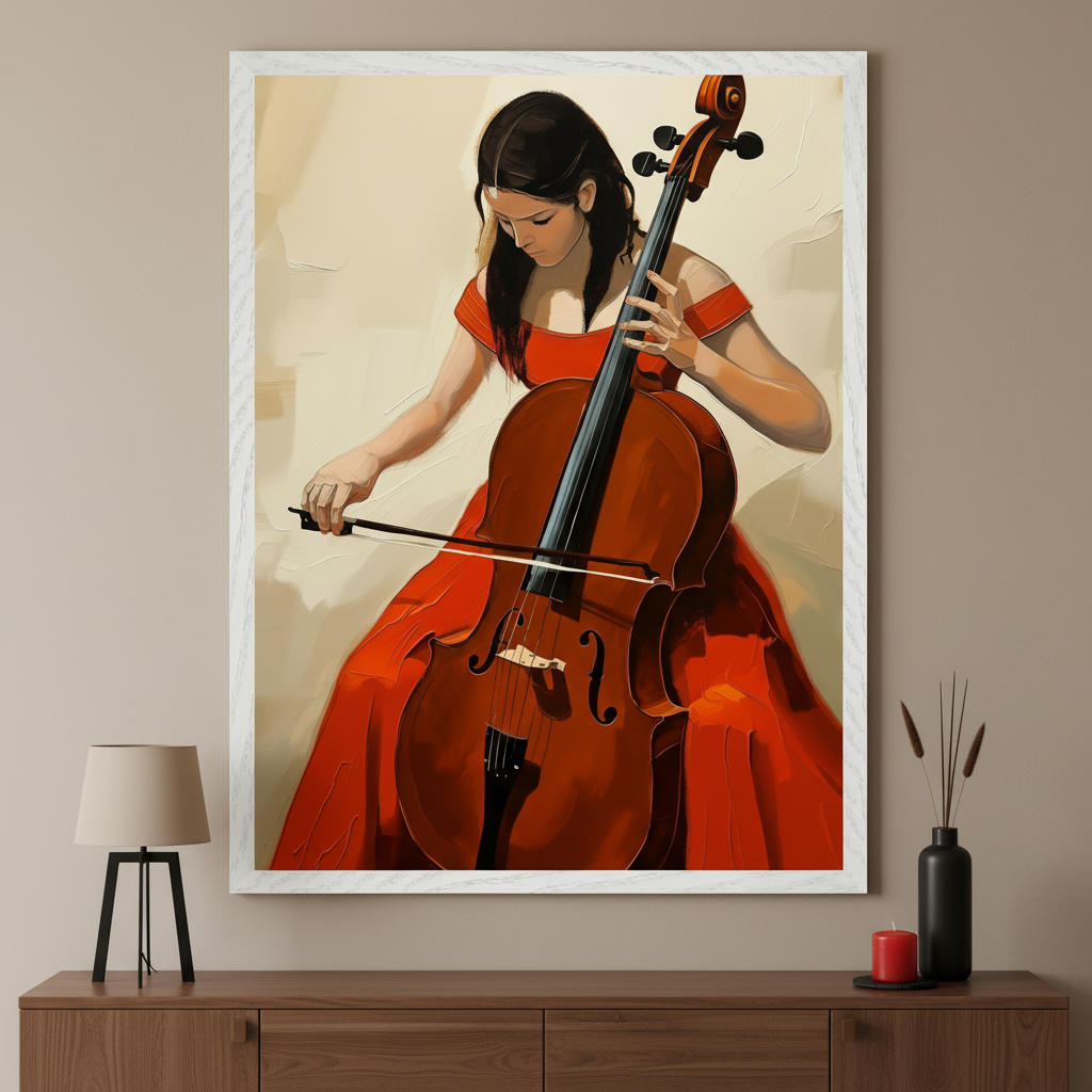 Modern living room with a large framed painting centered above a wooden credenza. The artwork depicts a woman in a red dress playing a cello in a painterly style.