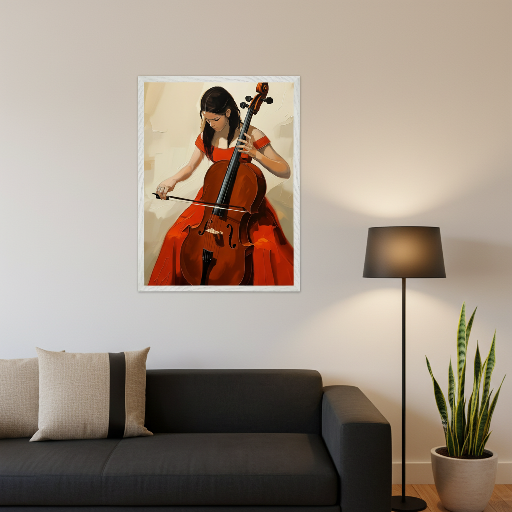 Modern living room with a dark gray sofa and a black floor lamp. A white-framed painting of a woman in a red dress playing a cello hangs above the sofa, left of the lamp.