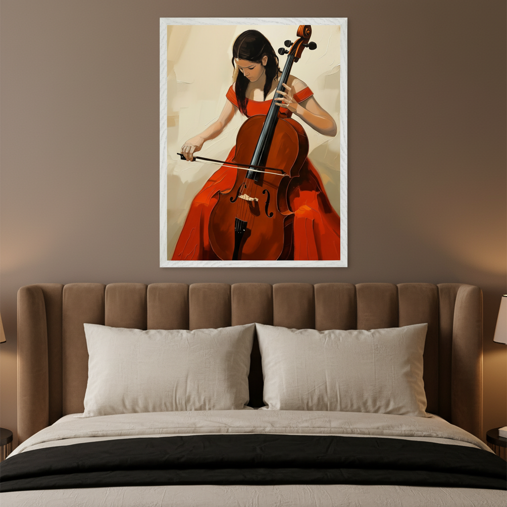 Modern bedroom with a brown upholstered bed. A large framed painting of a woman in a red dress playing a cello, in a stylized art style, hangs centered above the bed.