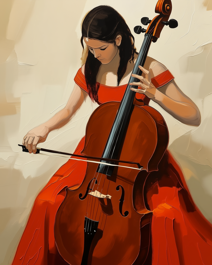 A stylized art of a woman in a red off-the-shoulder gown playing a cello with focus and grace. Her head is bowed and her fingers carefully positioned on the strings, set against a neutral, textured background.
