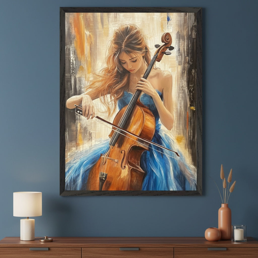 Modern living room with a dark blue wall and a wooden dresser. A framed painting of a woman in a blue dress playing a cello with an abstract background hangs centered above the dresser.