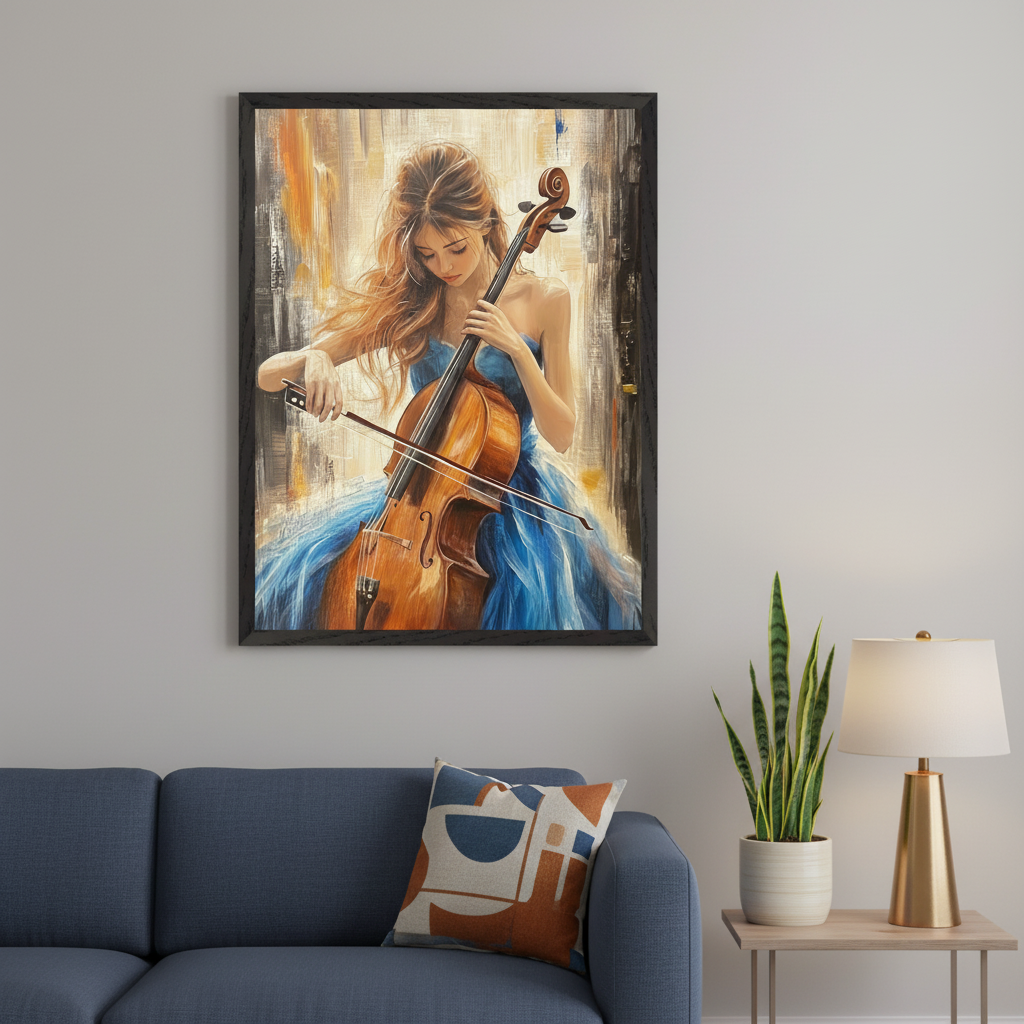 Modern living room with a blue sofa and side table. A black-framed painting hangs above the sofa, featuring a woman in a blue dress playing a cello, rendered in an impressionistic style against a warm, textured background.