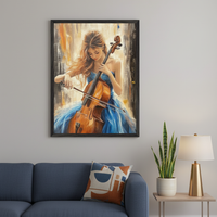 Modern living room with a blue sofa and side table. A black-framed painting hangs above the sofa, featuring a woman in a blue dress playing a cello, rendered in an impressionistic style against a warm, textured background.