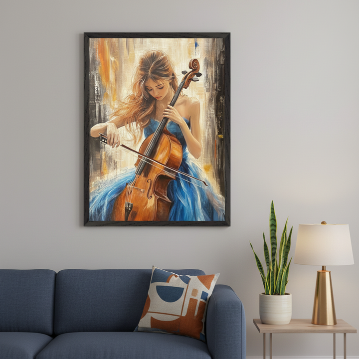 Modern living room with a blue sofa and side table. A black-framed painting hangs above the sofa, featuring a woman in a blue dress playing a cello, rendered in an impressionistic style against a warm, textured background.