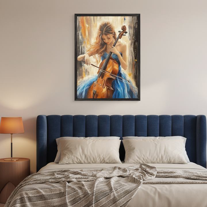 Modern bedroom with a navy blue upholstered bed, wooden nightstand, and lamp. A framed painting of a woman in a blue gown playing a cello against an abstract background hangs centered above the bed.