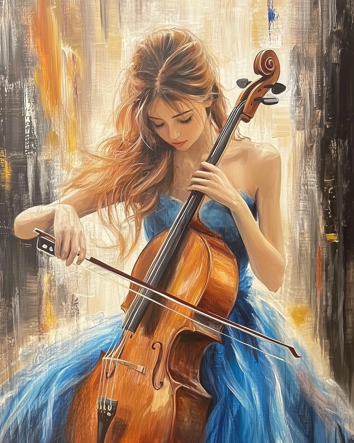 Artistic illustration of a woman in a flowing blue dress playing a cello, with expressive brushstrokes in the background blending shades of white, black, and orange.