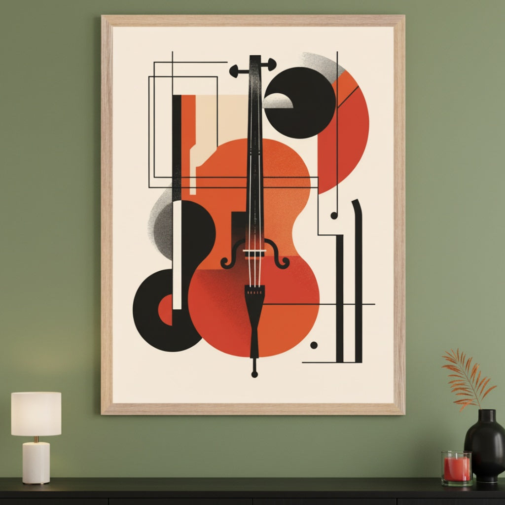 Modern room with a dark console table against a sage green wall. A large framed abstract geometric print of a string instrument in orange, red, and black hangs centered above the table. A white lamp and decorative items are on the table.