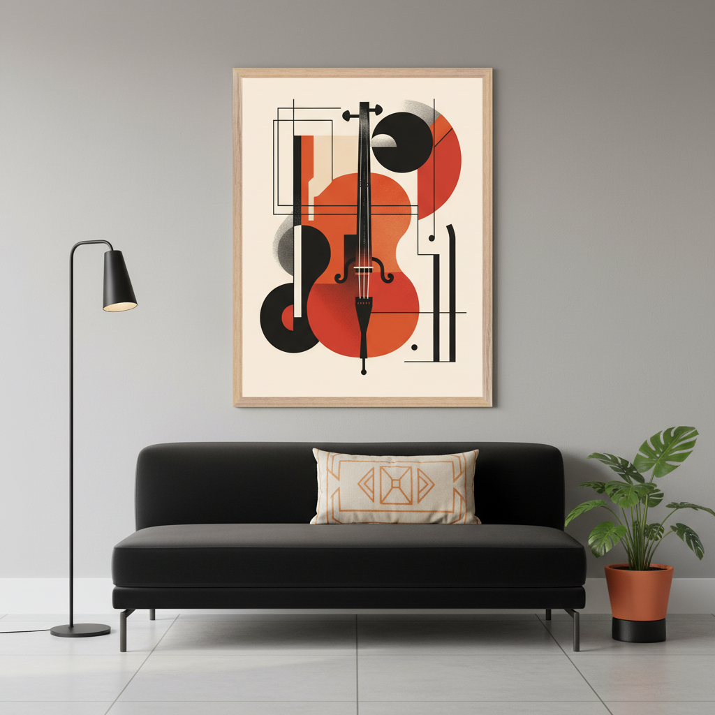 Modern living room with a black sofa. A large framed print of a stylized red and black cello with geometric shapes hangs centered above the sofa. A black floor lamp stands left, and a potted plant is on the right.