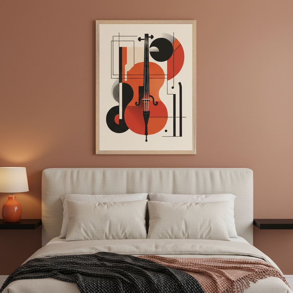 Modern bedroom with terracotta walls and a light beige upholstered bed. A framed abstract art print depicting a red-orange and black string instrument with geometric shapes hangs centered above the bed.