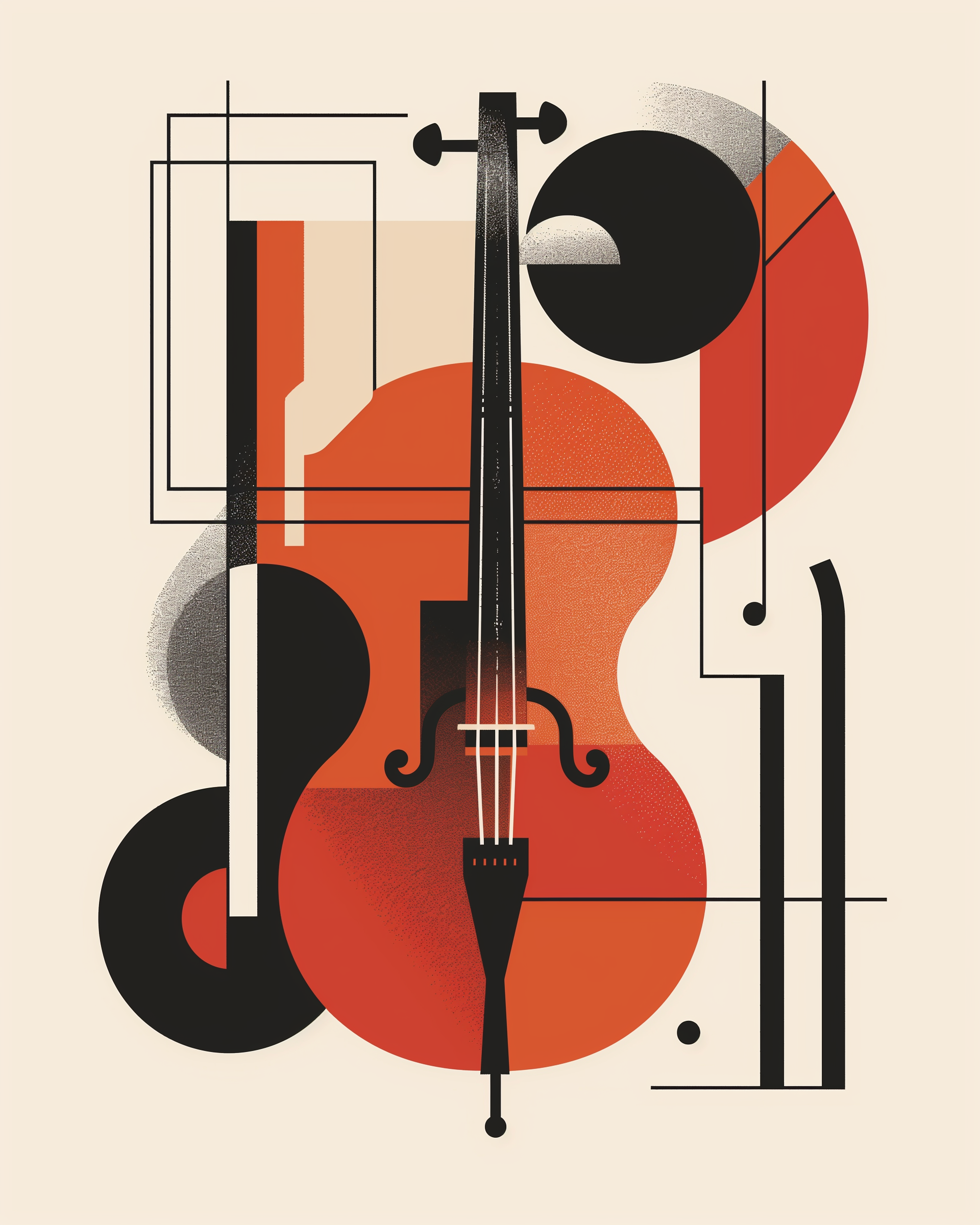 A modern, minimalist illustration of a cello integrated with geometric music note shapes in red, black, and beige tones. The design blends classical music with abstract art, perfect for stylish or cultural content.

