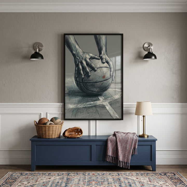 Charcoal basketball hands sports wall art above a blue bench with a basket of balls, a baseball glove, and a table lamp.