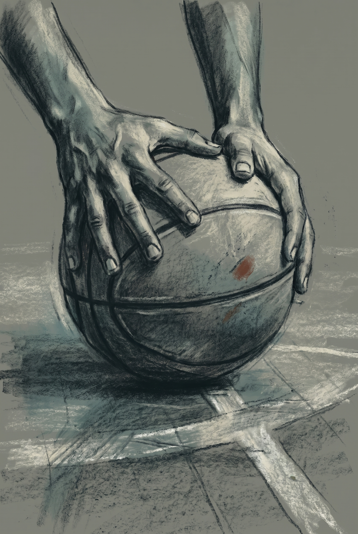 Charcoal basketball hands sports wall art showing hands gripping a ball on a grey court with white chalk lines.