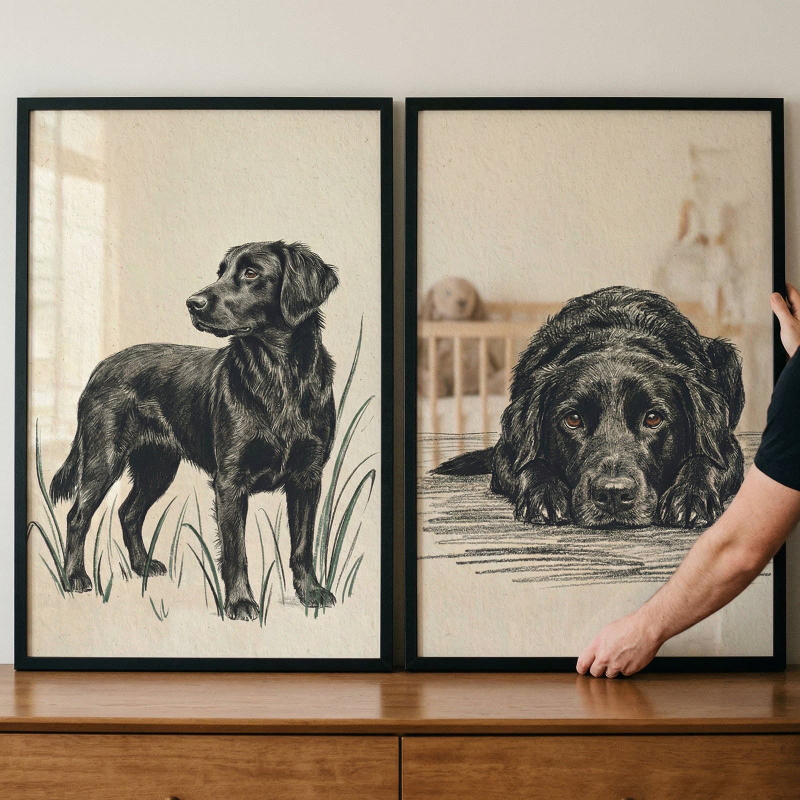 Two black-framed pieces of art are displayed side-by-side on a polished wooden surface against a neutral wall.

The illustration on the left is a detailed black and white sketch of a sleek black dog standing in a field of tall grass. The dog is depicted in a full-body side view, looking off to the left with an alert expression. 